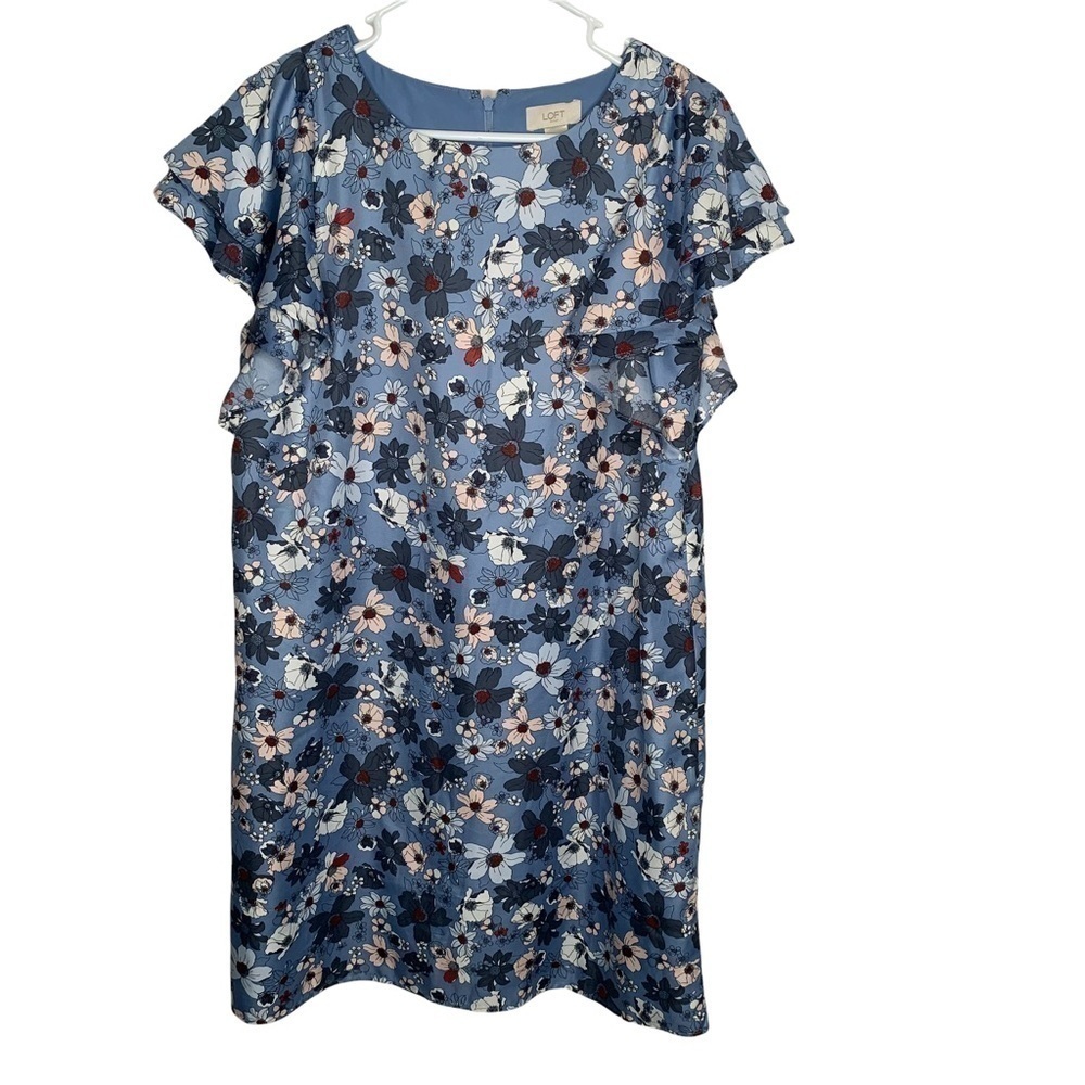 Ann Taylor Loft Womens Floral dress Blue Medium Ruffle Sleeves